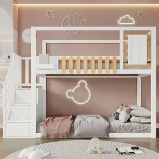 Flieks Etagenebett 90x200cm mit Treppe, Kinderbett mit Rausfallschutz, Hochbett mit Lattenrost, Hausbett Stockbett Einzelbett, Weiß - Weiß