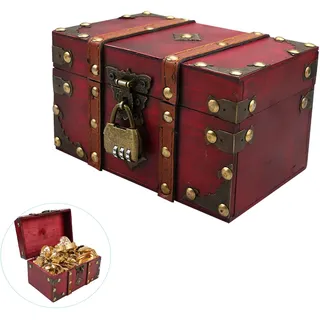 MytaYt Vintage Schatztruhe aus Holz - Kinder Schatzkiste Klein, Piraten Truhe Mit Zahlenschloss, Zum Dekorieren und Aufbewahren, 18 X 11 X 10cm - Dunkelrot