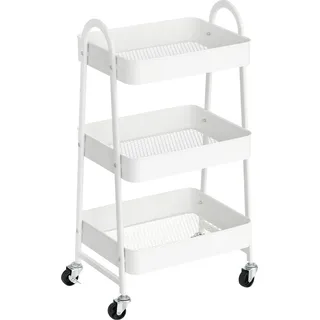 Rollwagen mit 3 Ebenen, Servierwagen aus Metall, Küchenwagen, Weiß - Weiß