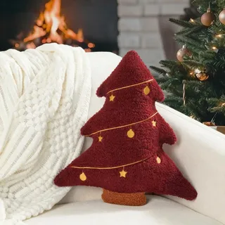 Miaikoe Weihnachtskissen, Dekorative Weihnachtsbaum Kissen gefüllt Baum geformt gestickt Stern Kugel Schlafzimmer Weihnachtsplüsch für Party Heimdekorationen 39,3 x 37 cm Rot