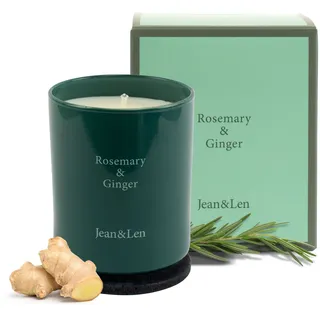 Jean & Len Kerze Premium Rosemary & Ginger, für gemütliche Abende Zuhause, Handgemachte Duftkerze mit würzig-frischem Rosmarin & Ingwer Duft, Kerze im stylishen Glas, vegan, 230 g
