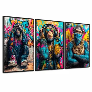 3 Affen Poster 3er Set – Nichts sehen, hören, sagen – Street Art Pop Art Wanddeko DIN A2 – Graffiti Bilder mit Style – Lustige Deko fürs Wohnzimmer, Büro oder Jugendzimmer | Ohne Rahmen
