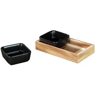 WENKO Dip-Schalen Mod. Elo 3-teiliges Servierset für Soßen Dips und Snacks mit 2 schwarzen Keramikschalen und Tablett aus Akazienholz für Fingerfood und Tapas Black Outdoor Kitchen 19x10x5 cm
