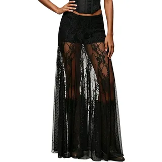 Damen Lang Rock, Festival Outfit Damen Spitze Halbdurchsichtiger Maxirock Sexy Transparent Mesh Stretch-Taille High Waist A Linie Drunter Tüllrock Mit Shorts Festival, Schwarz, S-5XL