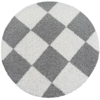 Hochflorteppich , Weiß, Hellgrau , Textil , Karo , rund , für Fußbodenheizung geeignet, schmutzabweisend, für Hausstauballergiker geeignet, pflegeleicht , Teppiche und Böden, Teppiche, Runde Teppiche