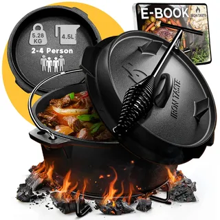 IRON TASTE Dutch Oven Set 4.5L - Eingebrannter Dutch Oven 4.5 Liter - Feuertopf Gusseiserner Topf mit praktischem Deckelheber & Edelstahl Untersetzer [für 2-4 Personen]