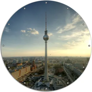 Wallario rundes Outdoor-Poster für Garten oder Balkon, Motiv Fernsehturm Berlin mit Panoramablick über die Stadt, 120 cm Durchmesser - Blau
