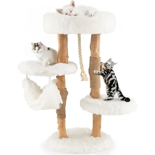 COSTWAY 87cm Kratzbaum Holz, Katzenbaum mit Hängematte & Sisalseil & Plüschsitzflächen, Katzenturm mit Kratzpfosten aus Jute, Katzenmöbel Massivholz, Katzenkratzbaum Kletterbaum Katzen, Weiß - Weiß, Naturbelassen