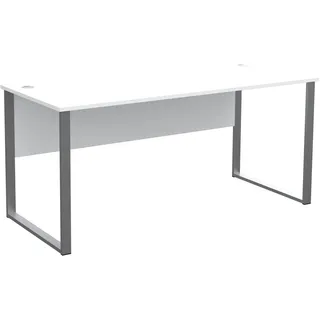 SANTORIN Schreibtisch in Weiß Bürotisch Computertisch 170 x 77 x 73 cm | Büro Computertisch mit silbernem Metallgestell in Kufenform, melaminharzbeschichtet, zwei Kabeldurchführungen