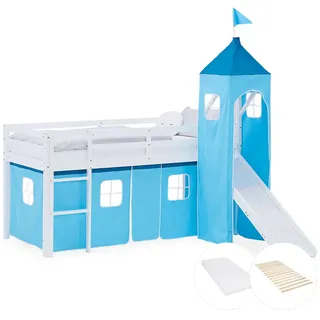 Homestyle4u Hochbett 90/200 cm in Weiß und Blau mit Rutsche+Matratze+Lattenrost , Blau, Weiß , Textil , Kiefer , 90x200 cm , Babymöbel & Kindermöbel, Kinderzimmer & Jugendzimmer, Kinderbetten, Hochbetten