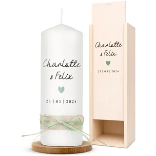 AMARI ® Hochzeitskerze personalisiert Herz 20/7 cm - Traukerze Hochzeit - Hochzeitskerze Standesamt - Traukerze mit Namen und Datum