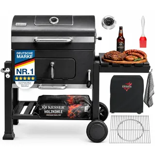 KESSER® Holzkohlegrill XL Grillwagen Set mit Deckel & Thermometer – BBQ Kohlegrill Wagen, Smoker Grill, Standgrill mit Grillrost, Rädern, Warmhalterost & Ablage inkl. Haube, Bürste & Pinsel