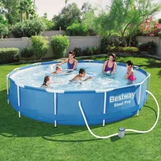 Stahlrahmenpool und Filterpumpe - 366 x 76 cm - Runder Aufstellpool 6473 Liter - Gartenrahmenpool - PVC-Familienpool - UV-beständig - Inklusive Wasserzirkulationssystem [56394] - Blau