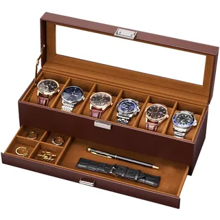 Lolalet 6 Slot Uhrenbox mit Glasdeckel Schmuckkästchen für Herren | Uhren Schmuck Box, PU Leather herausnehmbaren Uhrenkissen, leicht zu reinigen