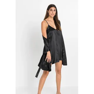 Kimono BONPRIX, Damen, Gr. 40/42 (M), schwarz, Satin, unifarben, Kurzform, Hausmäntel Kimono, im Kimono-Stil mit Negligé