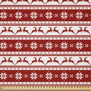 ABAKUHAUS Weihnachten Satin Stoff als Meterware, Norwegische skandinavische traditionelle Weinlese-Art-Grenze-Ren-gestreifte Blume, 3 M (148 x 300 cm), Weiß Rot - Rot