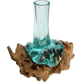 WOGEKA Deko Glasvase 20 cm aus Wurzelholz – Handarbeit aus Bali – einzigartige Vase aus Teakholz und Glas – Geschenkidee zu Geburtstag oder Weihnachten – natürliches Unikat für Wohnung & Büro Vase S