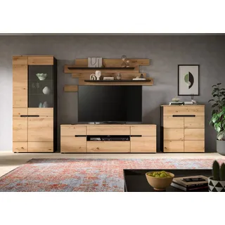 Home Affaire Wohnwand "REHAT, 4-teilig, Breite 375 cm, individuell stellbar" Set bestehend aus: Vitrine, Lowboard, Wandboard und Kommode, 4 Stk. tlg., basalt grau, artisan nb