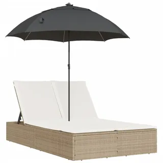 vidaXL Doppel-Sonnenliege mit Kissen & Sonnenschirm Beige Poly Rattan - Beige