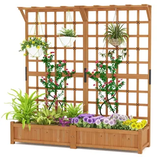 HOMASIS 2 Stück Blumenkasten mit Rankgitter & Dachregal, Pflanzkasten mit Spalier, 180 cm Pflanzkübel Hochbeet aus Holz, Rankhilfe für Kletterpflanz, Pflanzgefäß für Garten Balkon Terrasse (Orange)