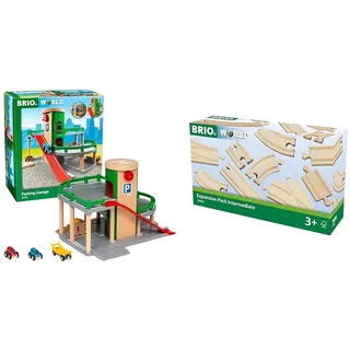 BRIO World 33204 - Parkhaus, Straßen & Schienen & Bahn 33402 - Mittleres Schienensortiment - 16 Gleise aus Buchenholz für die BRIO Holzeisenbahn - Empfohlen für Kinder ab 3 Jahren