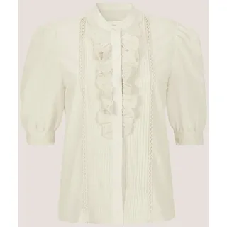 Kurzarmbluse MADELEINE "Rüschenbluse Blusenshirt mit Spitzendetails", Damen, Gr. 38, weiß (perlweiß), Obermaterial: 79% Baumwolle CO. 21% Seide silk., Modern, schmal, Blusen Kurzarmbluse, Feine Spitzenbänder