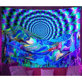 Ulticool – Berge Kaktus Sonne - Glow in the Dark Wandteppich - Schwarzlicht under UV Reaktive Bright Black Neon Light - Blacklight Psychedelisch im Dunkeln Leuchtende Wandtuch - 200 x 150 cm