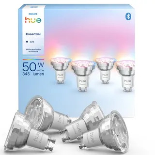 Philips Hue Essential Smart LED GU10 Strahlerlampe, Weiß und Farbig, 4,7 W, 2200K-6500K, 345 Lumen, dimmbar, funktioniert mit Alexa, Google Assistant, und Apple Home, 4 Packung