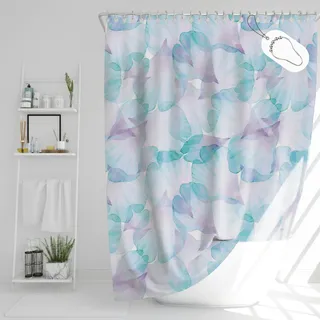 DROPHOP Blätter-Motiv Duschvorhang B x H: 180 x 200 cm Pastell lila-türkis Blumen aus wasserdichtem Polyester Textil, waschbar, Anti-schimmel, gewichteter Saum, inkl. Edelstahl-Haken