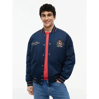 Bomberjacke TOMMY JEANS "TJM SOUVENIR", Herren, Gr. M, blau (schwarz night navy), Web, Obermaterial: 100% Polyester. Futter: 100% Polyester. Füllung: 50% Polyester, 50% Polyester (REPREVE), relaxed fit normal, Rippstrickbündchen, Jacken Bomberjacke