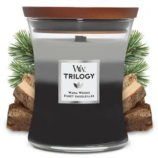 WoodWick Mittelgroße Trilogy-Duftkerze im Sanduhrglas mit knisterndem Docht | Warm Woods | Brenndauer bis zu 60 Stunden