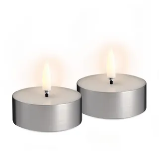 UYUNI Lighting LED Maxi Teelichter 6,3 cm, Metal Silver, 2er Pack | Dekorative LED Teelichter mit realistischem Schmelzwachs-Effekt, Signature Flicker Flamme und Timer