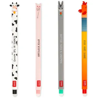 Legami - 4er Set Gel Radiergummi Farm Sweet Farm Stifte, mit hitzeempfindlicher, radierbarer Tinte, schwarz, rosa, grün, rot, radiert ohne Blatt zu verbrauchen, 0,7 mm Spitze
