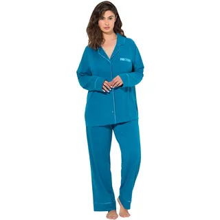 Ulla Popken Damen Pyjama, Satin-Piping, Reverskragen, Langarm Pyjamaset, Saphir, 50-52 EU