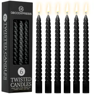 DECO EXPRESS Stabkerzen Set 3er oder 6er, Gedrehte Spiralkerzen, Bunte Kerzen, Brenndauer 6 Stunden Unparfümiert (Schwarz – 6er-Pack)