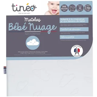 Tinéo – Babymatratze 60 x 120 x 10 cm – Angepasst an das Wachstum und die Bedürfnisse des Babys – Fest – Dichte 20 kg/m3 – Keine Behandlung – Abnehmbarer Bezug