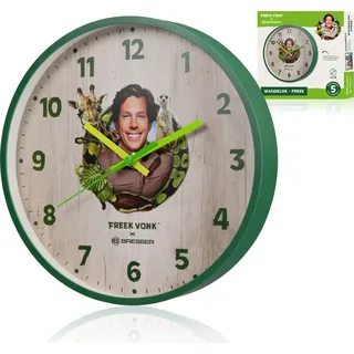 Freek Vonk Wanduhr Kinder 25cm geräuschlos Quarzuhrwerk große Zahlen robustes Kunststoffgehäuse Tiermotive leise Uhr fürs Kinderzimmer - Grün