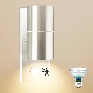 Allesgute Außenlampe mit Bewegungsmelder LED IP44 Modern Außenleuchte Edelstahl Gebürstet Außen Wandlampe für Garten Balkon Inkl. 5W 500LM GU10 Leuchtmittel Warmweiß