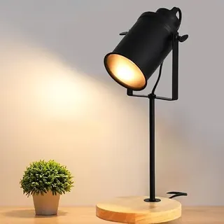 Goeco Tischlampe Industrial Schwarz E27 180cm Kabel & Druckschalter | Tischleuchte Schreibtischlampe Holzsockel Abat-jour Zylindrischer für Wohnzimmer, Schlafzimmer, Büro (ohne Leuchtmittel)