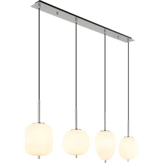 Globo Lighting Hängeleuchte Metall Nickel matt, Glas opal, Kabel PVC schwarz, Höhe kürzbar, 4 unterschiedliche Gläser, LxBxH: 1100x185x1200mm, Glas-DM: je 1 15,8 cm, x 16,4 cm, 16,5 cm, 18,5 cm, exkl. 4x E14 40W 230V - Silber