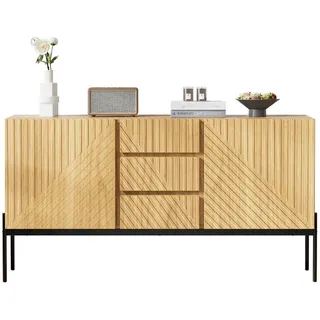 Stilvora Sideboard in Schwarz Standschrank mit 2 Türen, 3 Schubladen & Metallbeinen, mit Linien-Design, B140/T40/H75cm , Naturfarben , Rechteckig , rund , 140x75x40 cm , Kleinmöbel, Kommoden, Sideboards