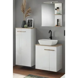 Badmöbel Set "Dense" in weiß Hochglanz Lack und Eiche hängend / stehend mit Waschbecken und LED - Weiß, Naturbelassen