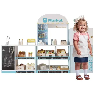 Zimilo Kinder Kaufladen aus Holz und Kunststoff, mit Regalen, Kühlschrank, Kreidetafel, Seitentheke und Wasserhahn, ab 3 Jahren, blau