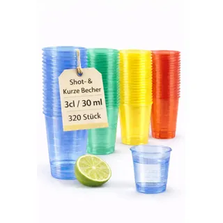 buxmed 320x Shotbecher (je 80 Stück blau, grün, rot, gelb) 3 cl mit Skala – Schnapsgläser Plastik, Shotgläser, Pinnchen, Becher für Shots, BPA frei, stapelbar, Party Zubehör & Dosierbecher