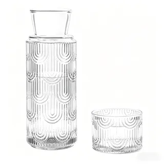 Peelanmall Wasserkaraffe Set mit Becher, 630ml Glas Nachttisch Karaffe, Grün, Art Deco Muster, Bleifrei, 21.6oz Krug mit 6oz Glas (Transparent)