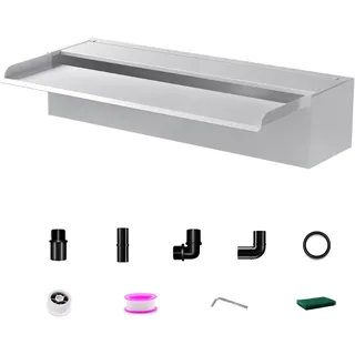 LONGRUNNEW 60cm Edelstahl Teich Wasserfall Blade Set,12.2cm breit Edelstahl Teich Brunnen mit Armaturen,Dual Inlet Design für Garten Deck Teich Terrasse