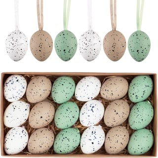 Valery Madelyn 18er Ostereier zum Aufhängen für Osterdeko,4cm Nature künstliche Mini Ostereier für Ostern Deko,Grün Braun Ornament für Osterkörbchen Frühlingsdeko,Ostern Geschenke Kinder