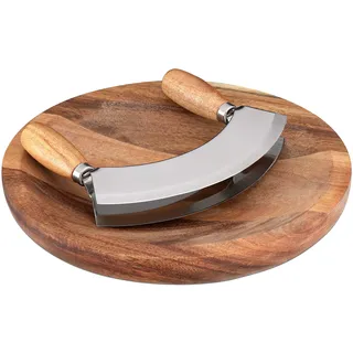 Navaris Kräuterbrett mit Mezzaluna Wiegemesser Kräuter - 17x13,5cm Kräutermesser Biegemesser aus Edelstahl - Wiegemesser mit Brett aus Akazienholz - Doppelklinge