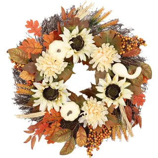 Herbstkranz mit weißen Kürbissen, 45cm Erntedankfest-Dekoration, Naturmaterialien & Ländlich, Für Haustür & Tischdekoration
