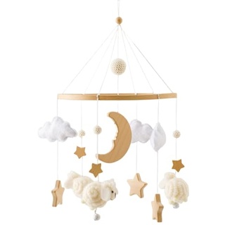 Herfair Mobile Baby Bettglocke mit Sterne Mond Schafe Hölz Mädchen Hängende Mobile Windspiel für Babybett Kinderbett (Beige)